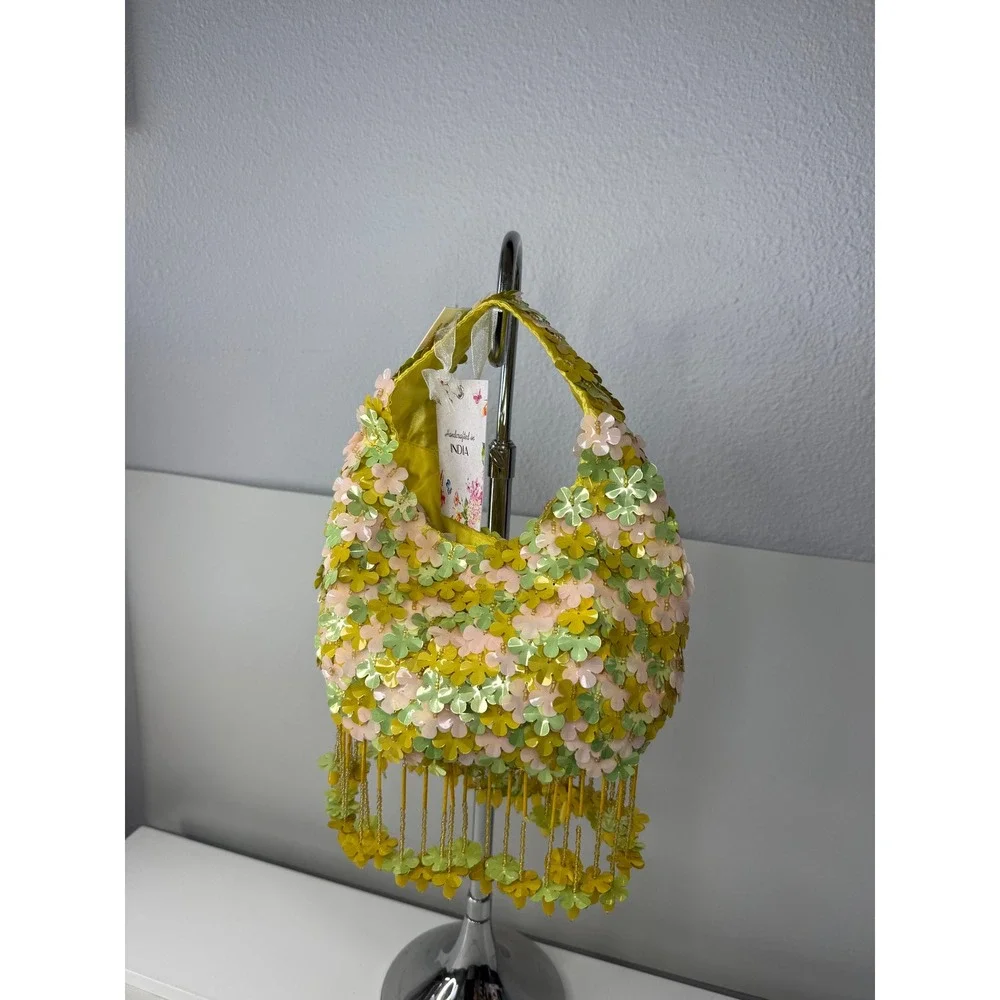 Handcrafted India‎ Floral Sequin Beaded Small Hobo Bag Yellow Green Pink NEW